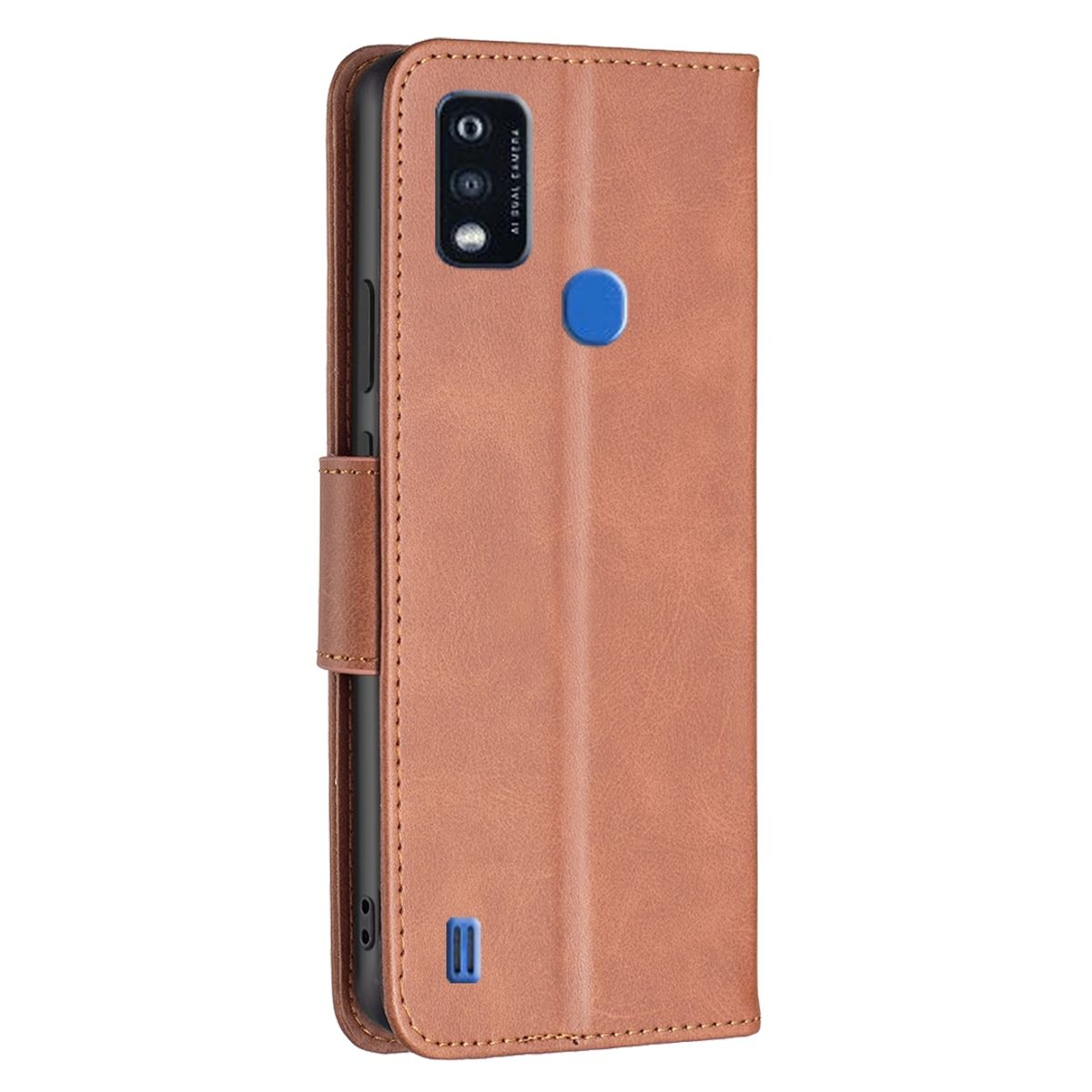 Braune Handyhülle, offen mit Telefon darin. Die Hülle hat einen braunen Riemen. Weißer Hintergrund.