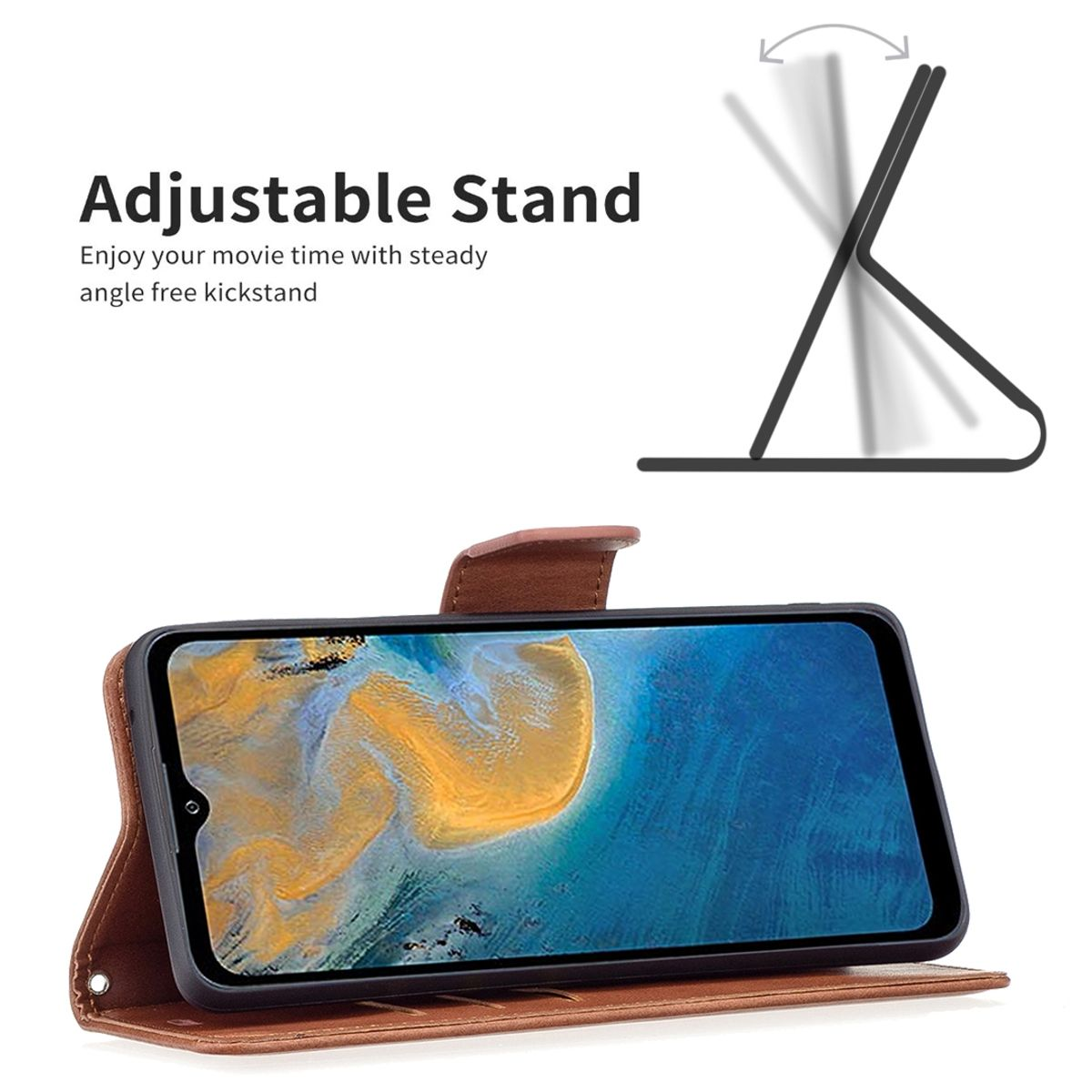 Offene braune Handyhülle mit einem Telefon, das einen blauen Bildschirm anzeigt. Das Gehäuse kann stehen.