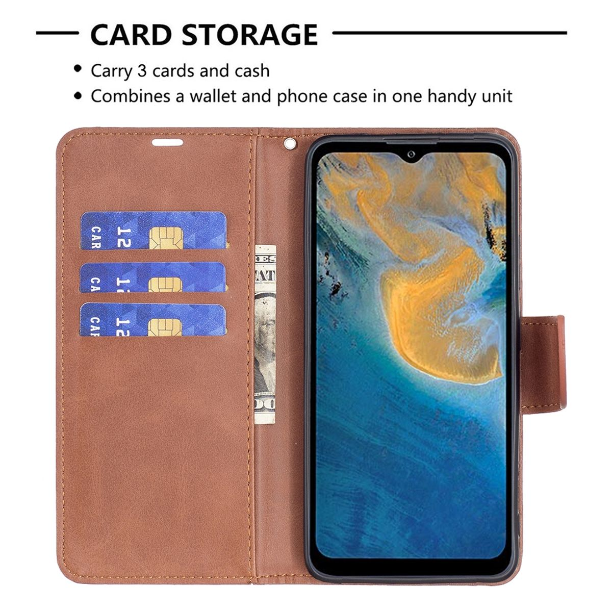 Braune Handyhülle offen mit Telefon, Karten und Bargeld. Text: 3 Karten und Bargeld. Brieftasche und Handyhülle kombiniert.