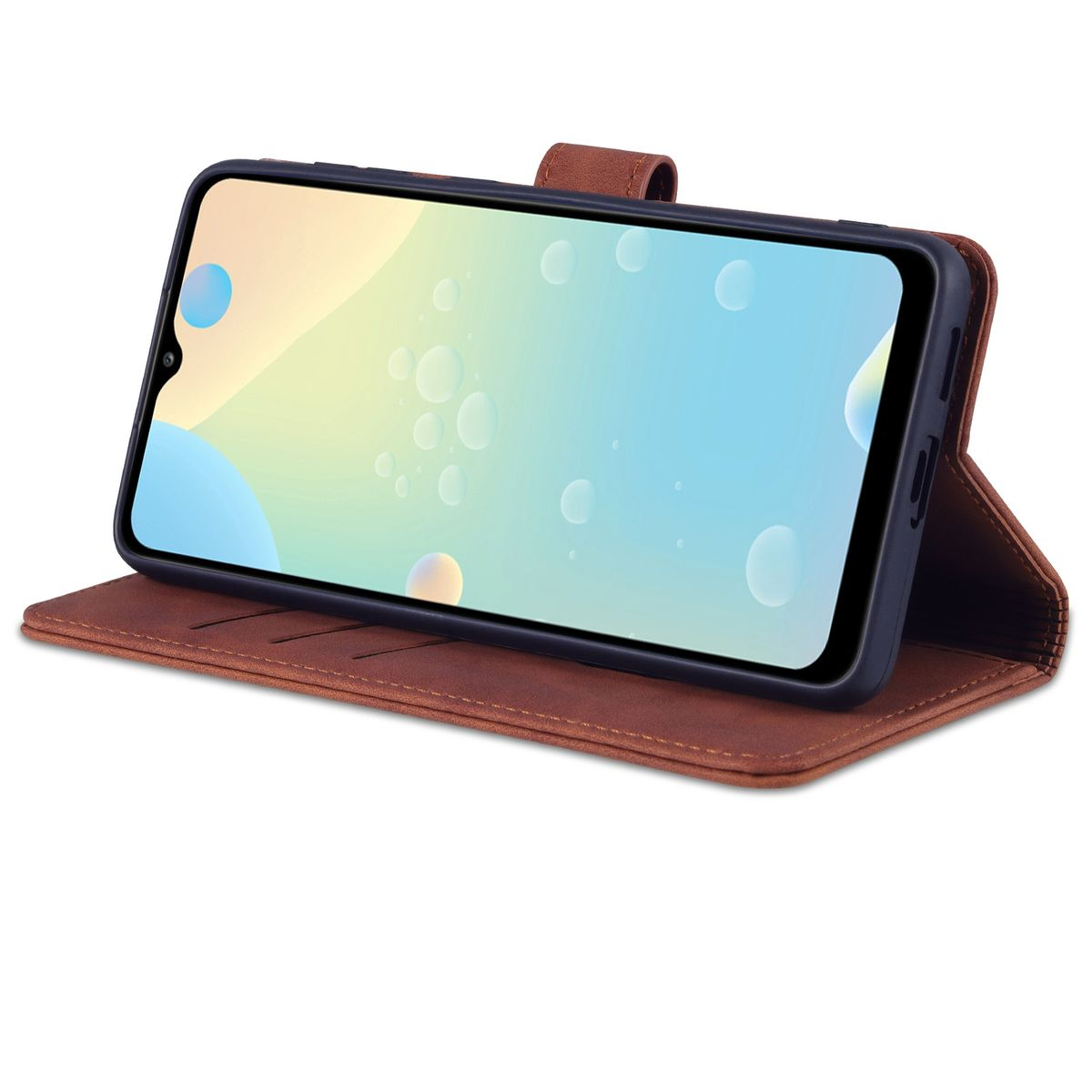 Braune Leder-Handyhülle mit einem Telefon, das einen bunten Blasen-Hintergrund anzeigt. Die Hülle ist offen.