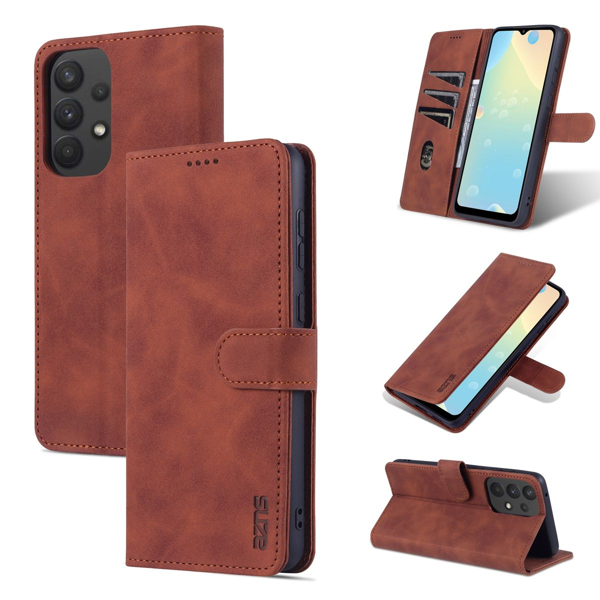 Braune Leder-Handyhülle in mehreren Ansichten. Sie hat ein Telefon, Kartenfächer und eine Standfunktion.