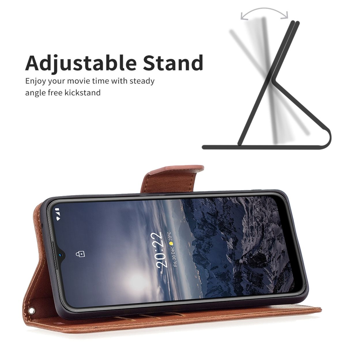 Handyhülle mit verstellbarem Ständer, hält ein Telefon mit angezeigter Uhrzeit. Braune Abdeckung.