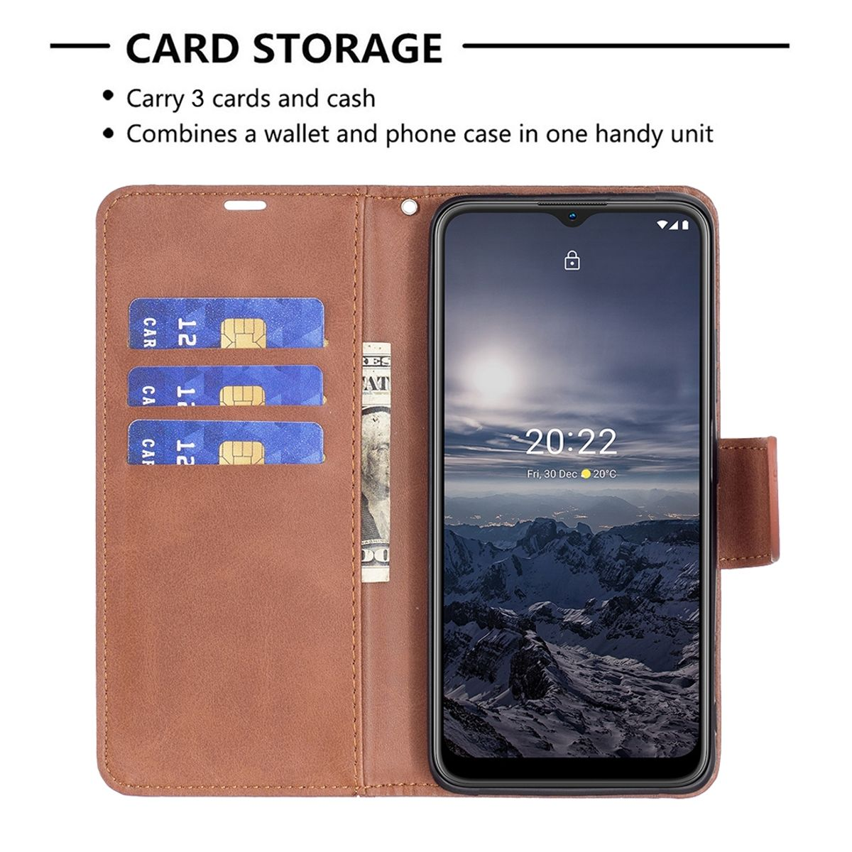 Geöffnete Handyhülle mit Karten, Bargeld und Telefon. Ein Wallet-Design.