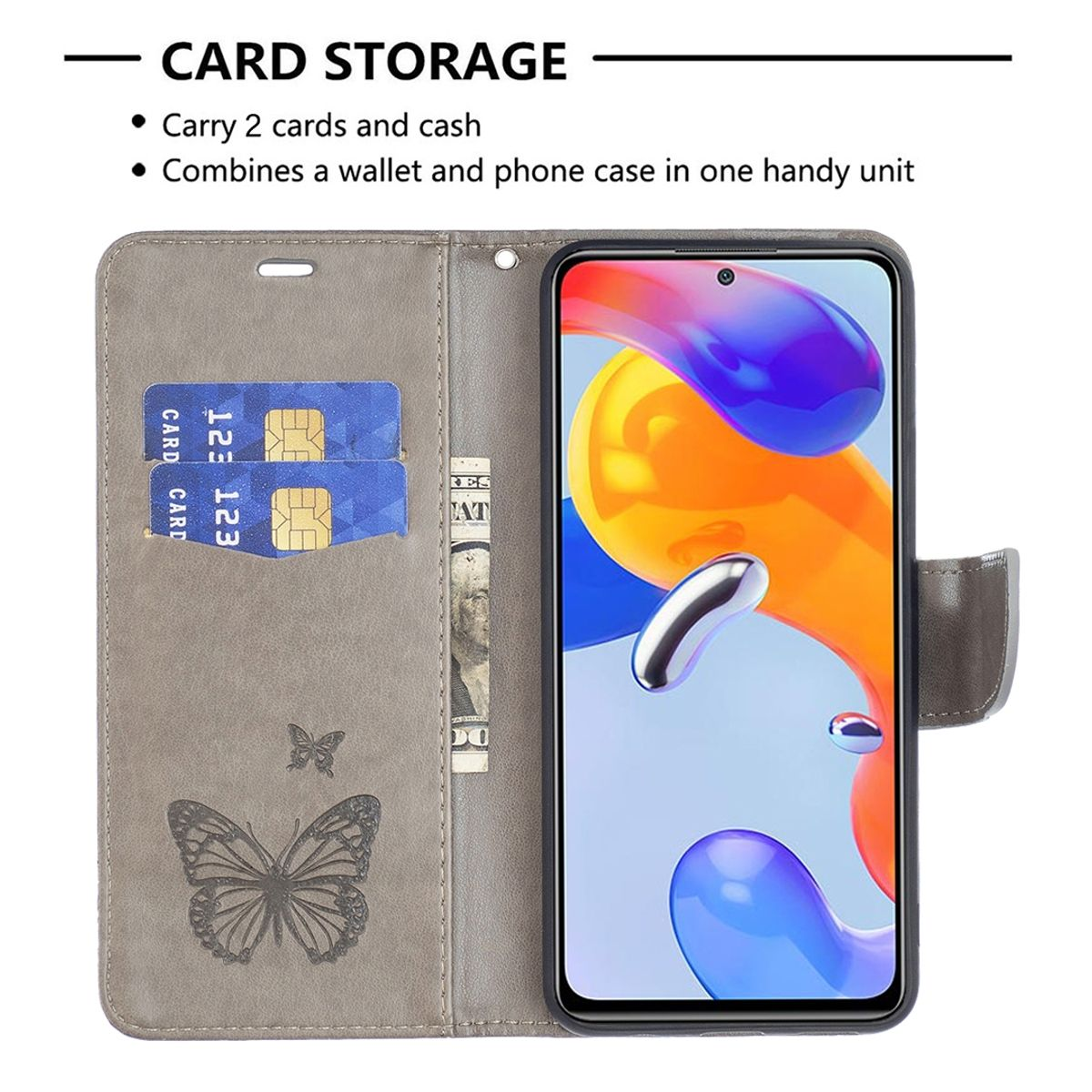 Geöffnete Handyhülle mit Karten und Bargeld. Schwarzer Bildschirm zeigt Telefon an. Hintergrund ist grau, mit Schmetterlingsdesign.