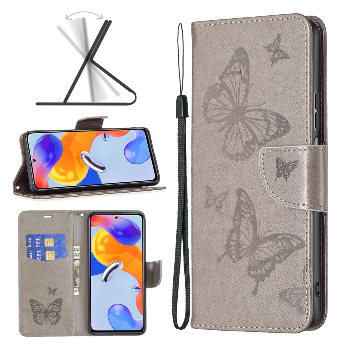 Handyhülle mit Telefon darin, geöffnet, um das Telefon, Karten und Geld zu zeigen. Weißer Hintergrund.