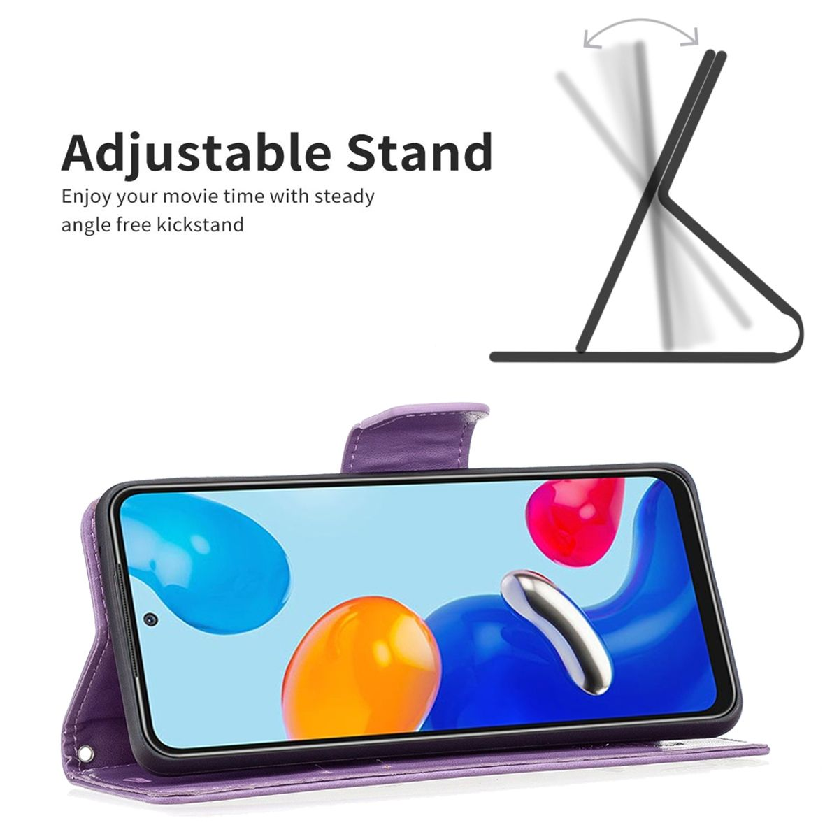 Lila Handyhülle mit verstellbarem Ständer, zeigt den Bildschirm mit dem Telefon.