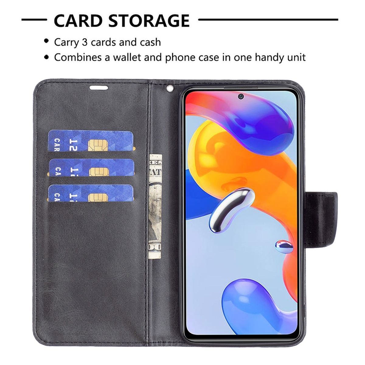 Handyhülle mit drei Karten und Geld. Das Telefon zeigt eine bunte Benutzeroberfläche.