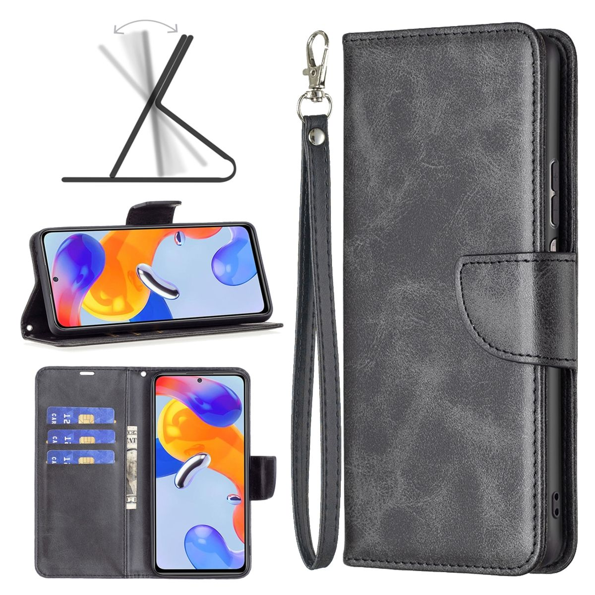 Schwarze Handyhülle mit mehreren Ansichten, mit Telefon darin, Kartenfächern, Ständer und Handschlaufe.