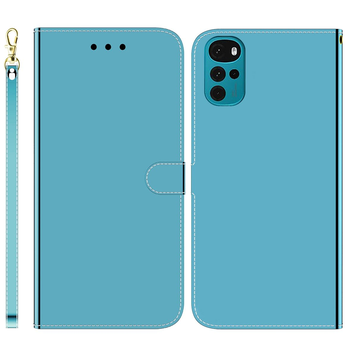 Eine hellblaue Handyhülle, geöffnet, mit einem Telefon darin. Ein goldenes Schlüsselband ist an der Hülle befestigt.