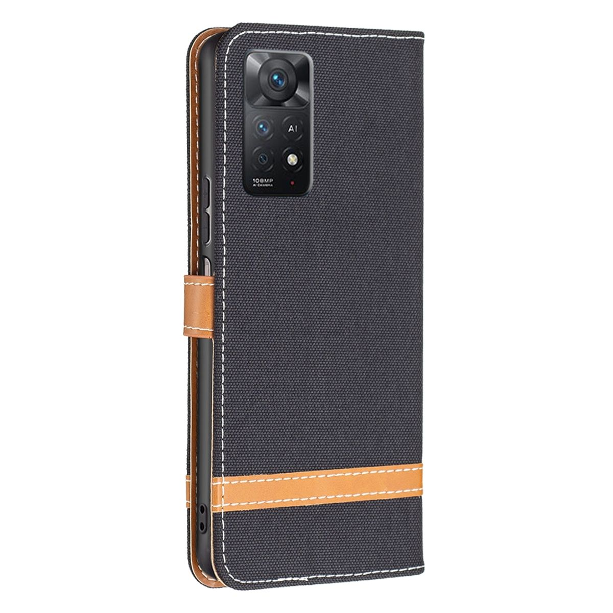 Schwarze Handyhülle mit braunen Riemendetails. Telefon mit Kamera sichtbar. Ledertextur.