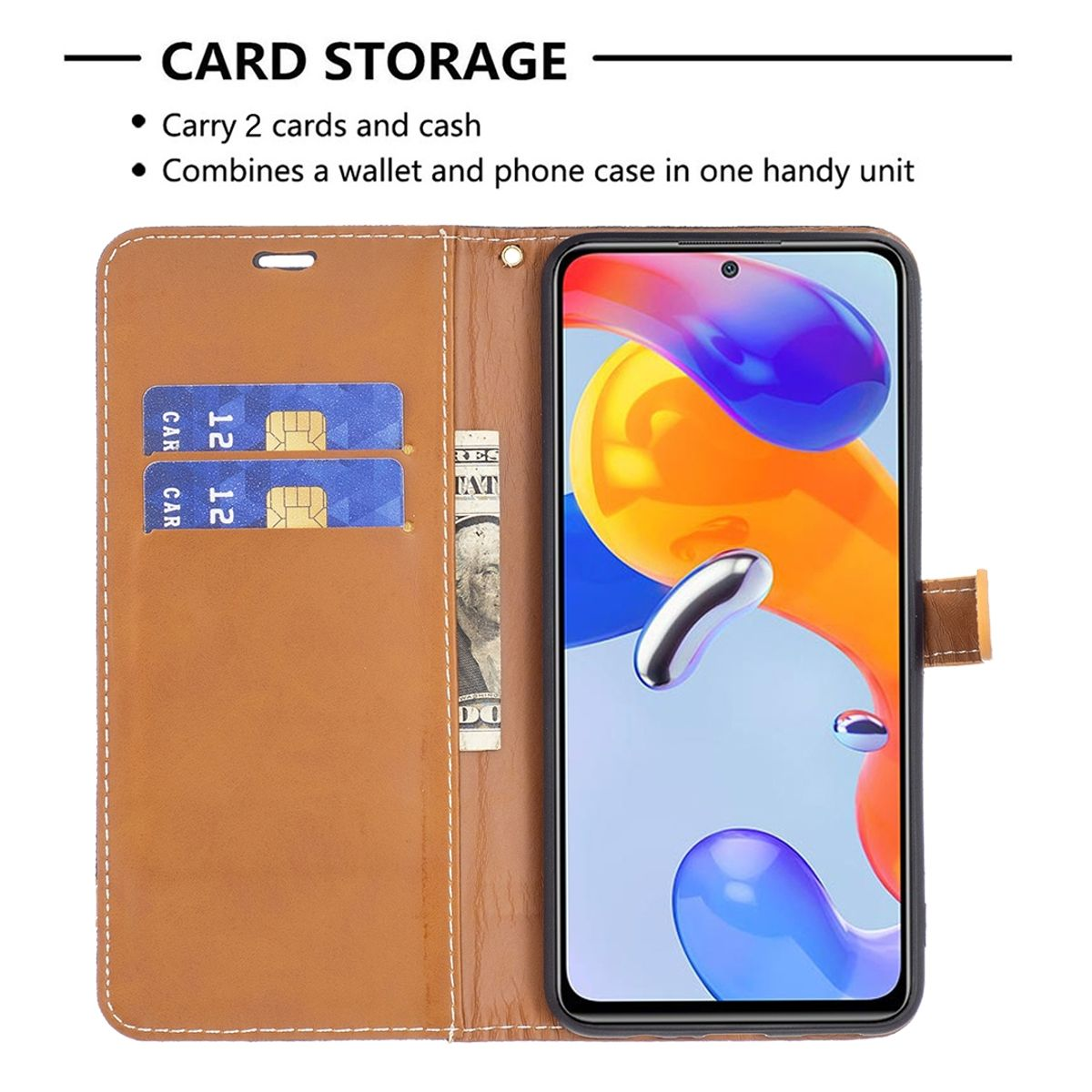 Braune Handyhülle offen mit Handy, Kreditkarten und Bargeld sichtbar. Text: Card Storage.