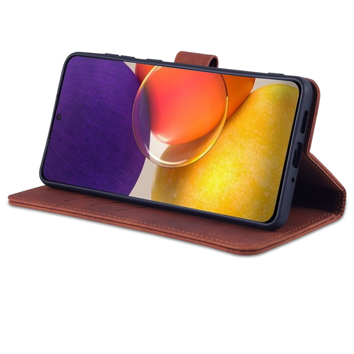 Braune offene Handyhülle mit Telefon. Weißer Hintergrund. Telefon zeigt Gelb und Orange.