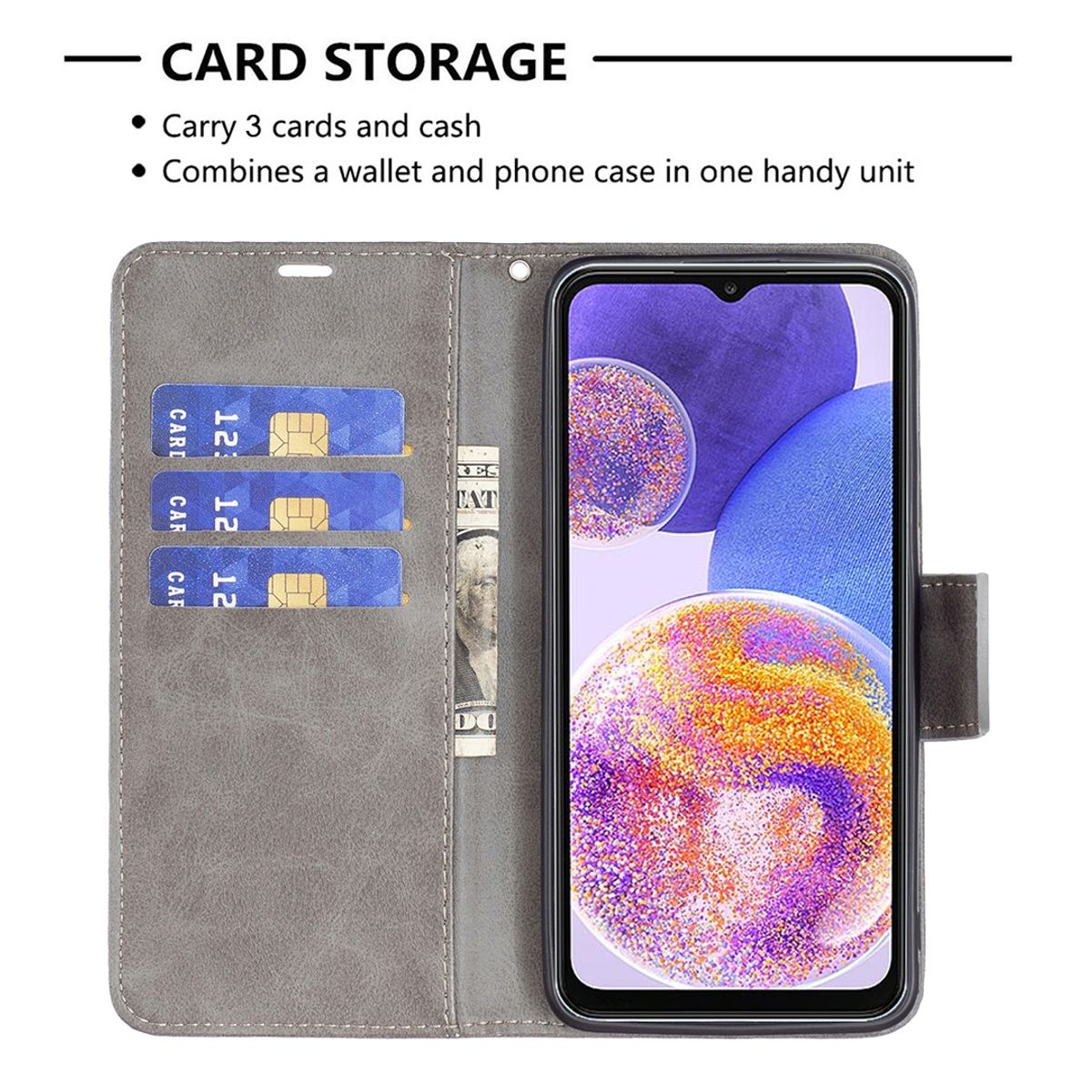 Geöffnete Handyhülle mit Karten und Bargeld. Telefon mit buntem, abstraktem Bild. Hülle ist grau.