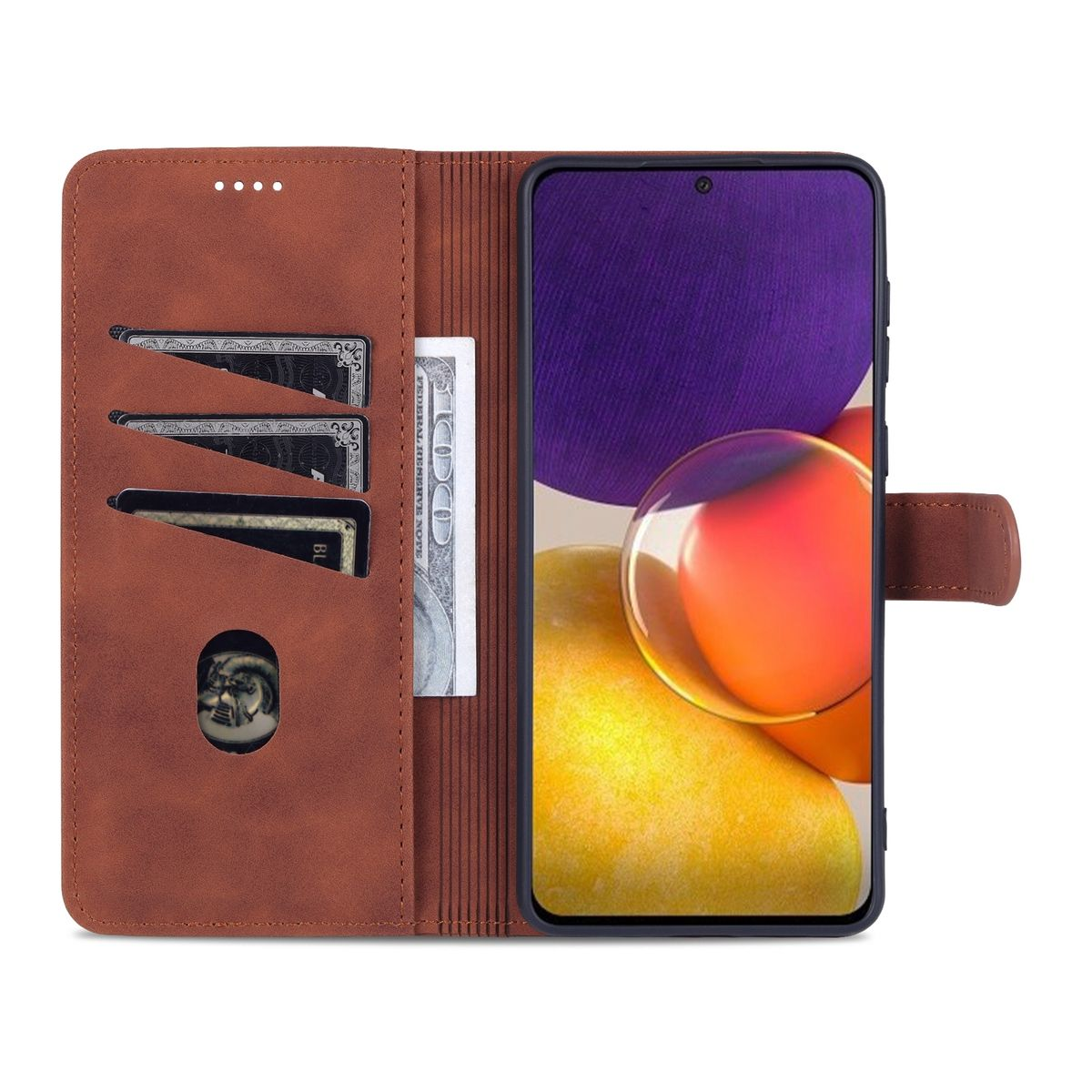 Offene Handyhülle mit Karten und Bargeld. Telefon rechts. Braune Hülle.