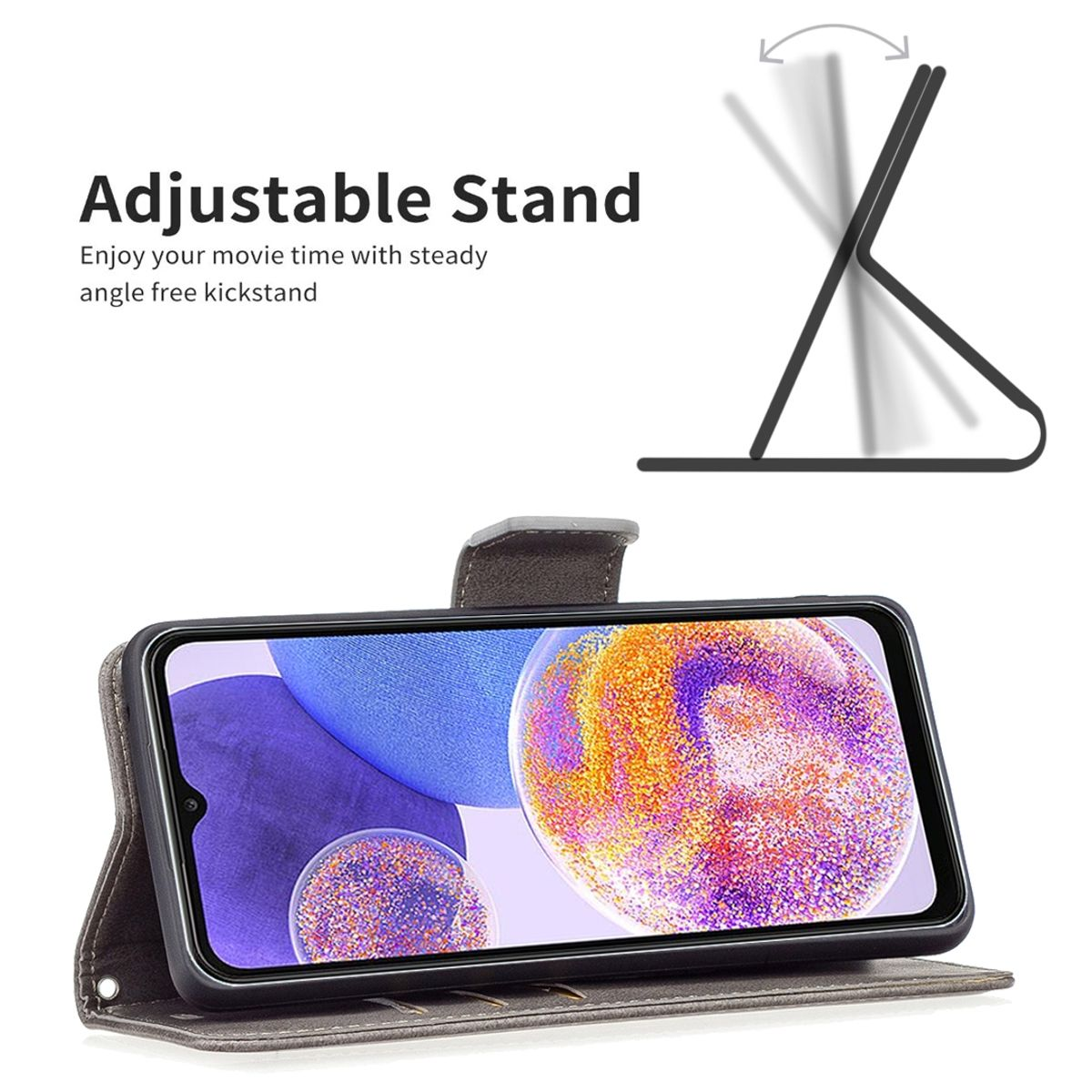 Telefon in grauem Gehäuse mit verstellbarem Ständer. Text: 'Verstellbarer Ständer' und 'Genießen Sie Ihre Filmzeit'.