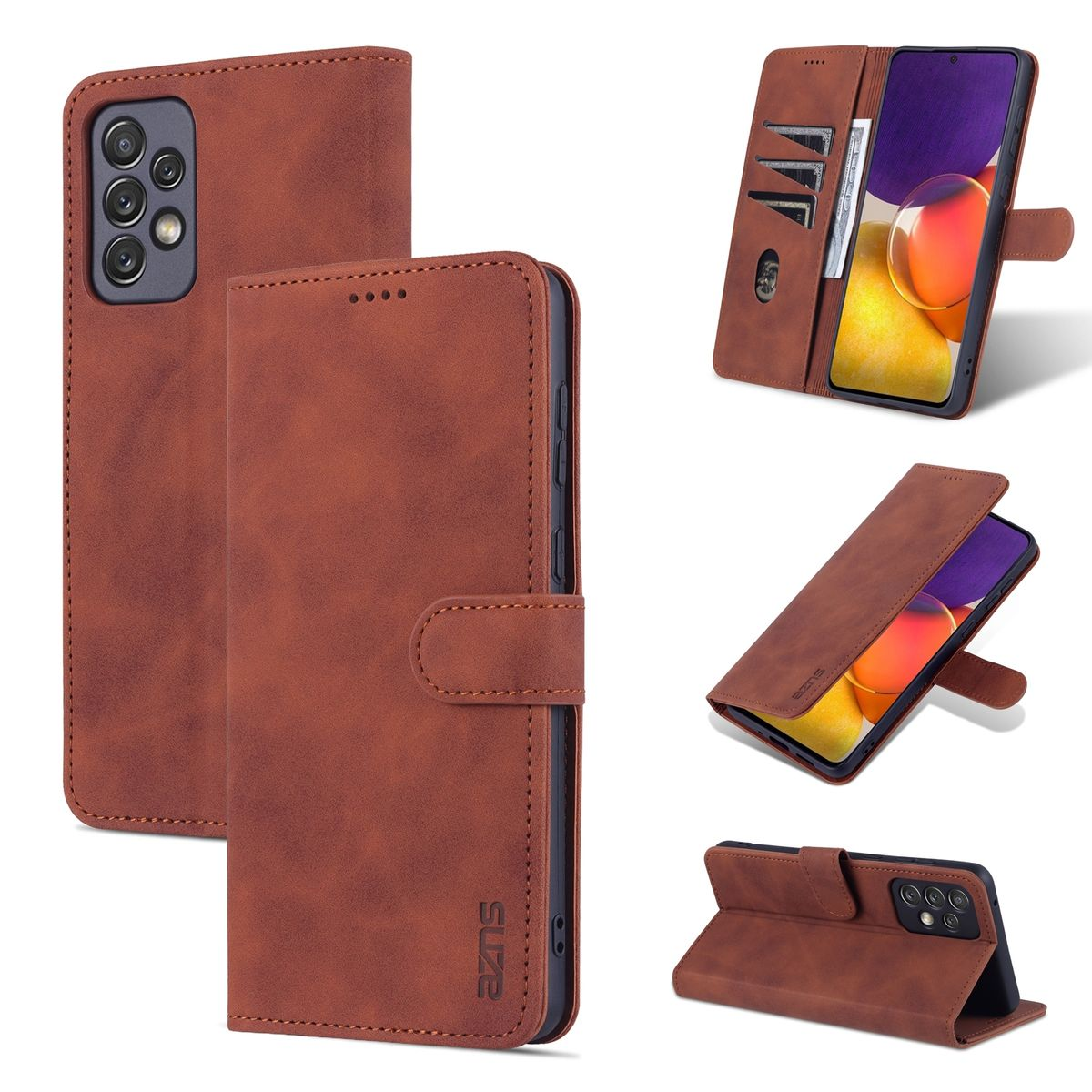 Braune Leder-Handyhülle. Mehrere Ansichten zeigen Telefon, Kartenfächer und Ständer.