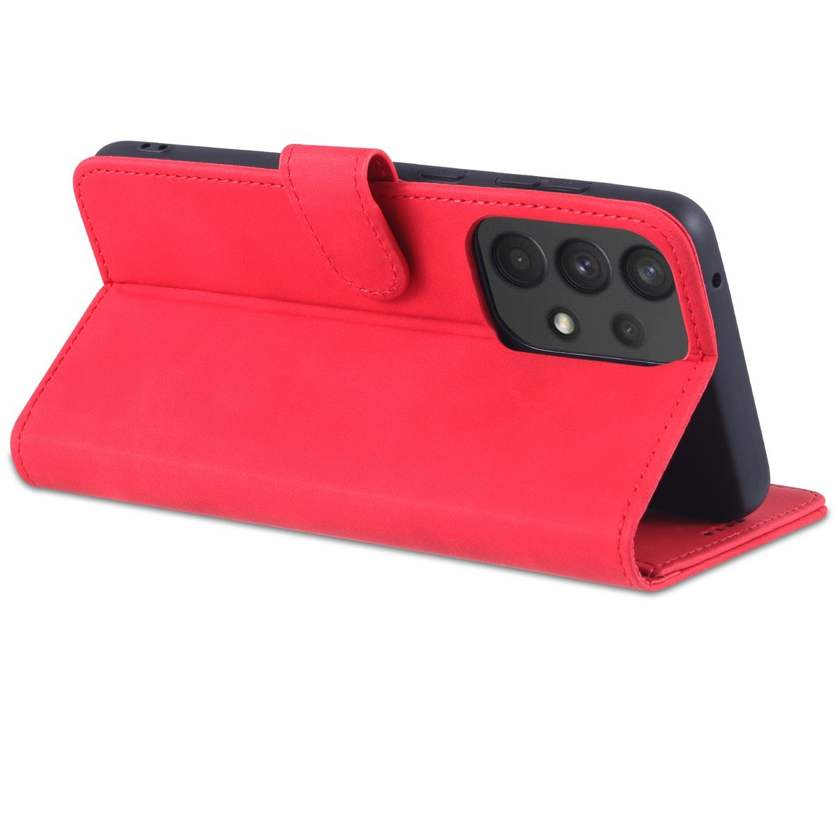 Rote Handyhülle, offen, mit einem Telefon und einem Kameramodul sichtbar.