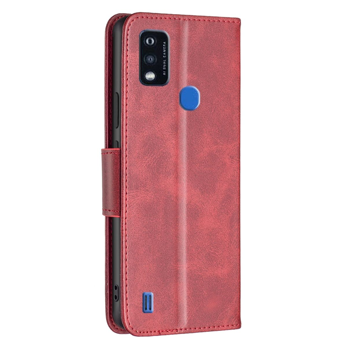 Rote Leder-Handyhülle. Sie hat eine Dual-Kamera und einen blauen Knopf.