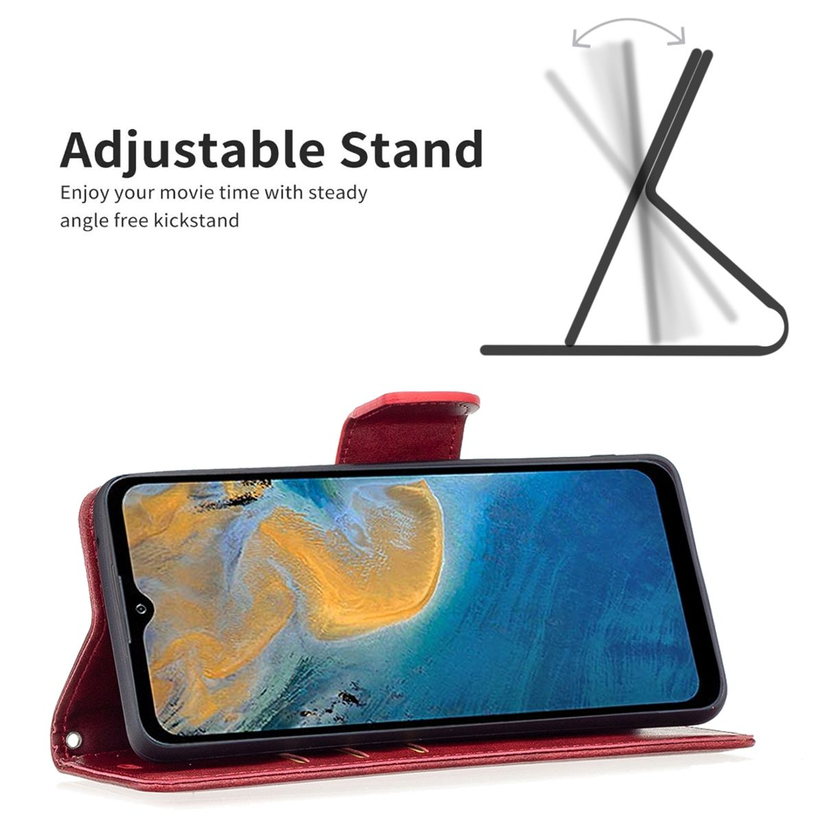 Handyhülle mit verstellbarem Ständer. Telefon auf dem Ständer. Rote Hülle.