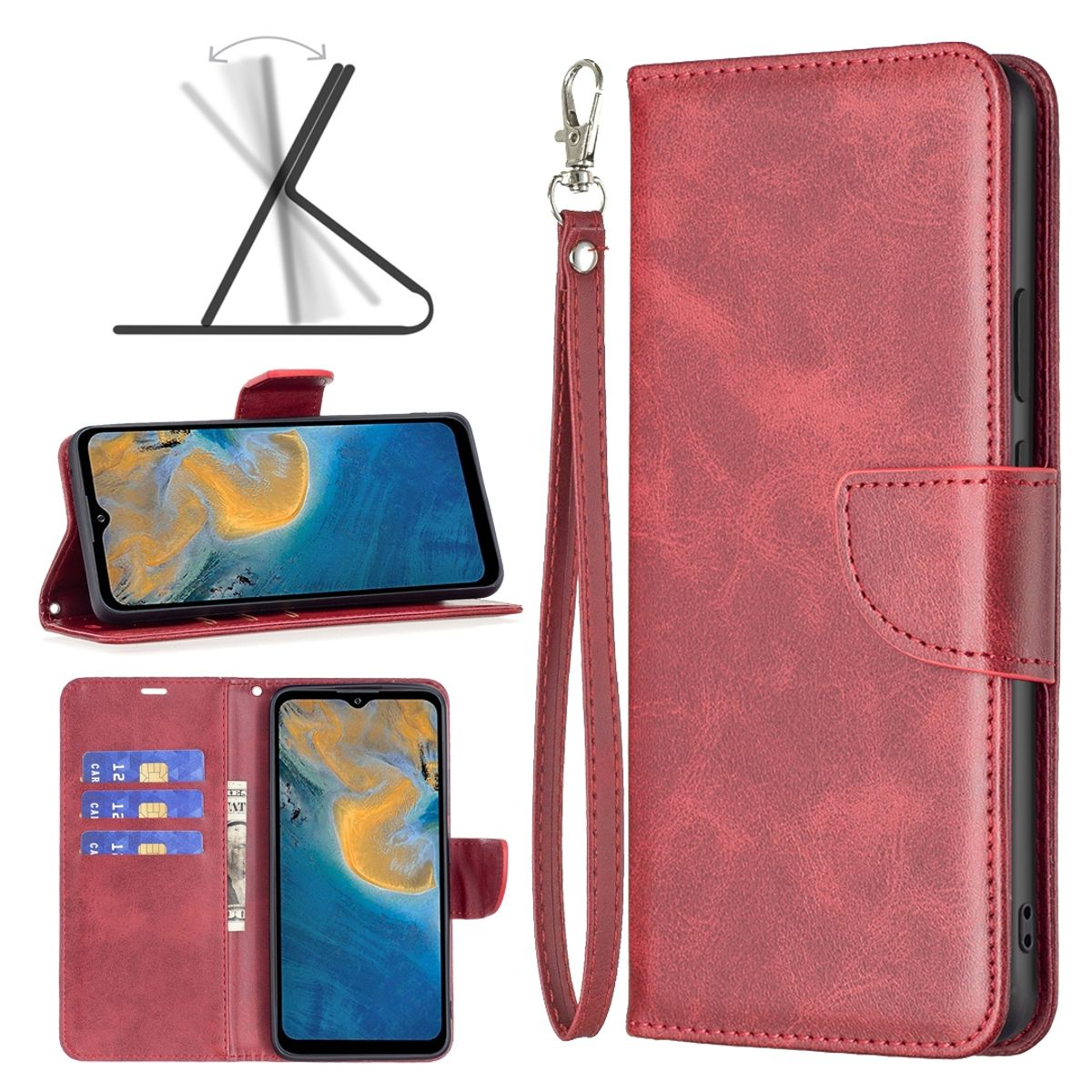 Rote Brieftaschen-Handyhülle mit Telefon innen. Mit Karten, Riemen und Ständer.