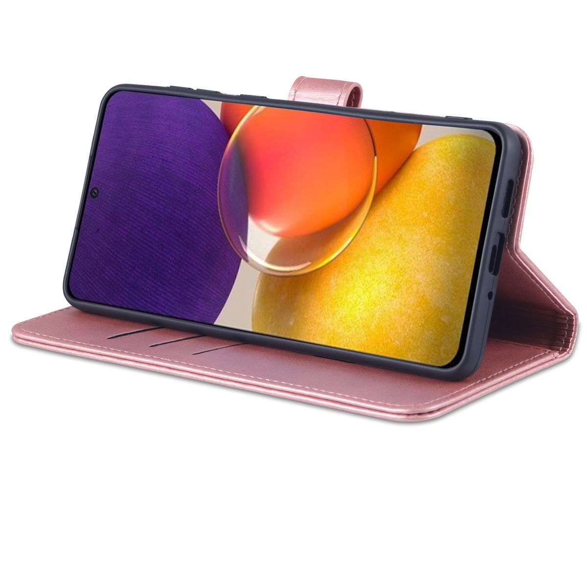 Rosa Handyhülle, geöffnet, mit Telefon im Inneren. Telefondisplay zeigt farbenfrohe Oberfläche.