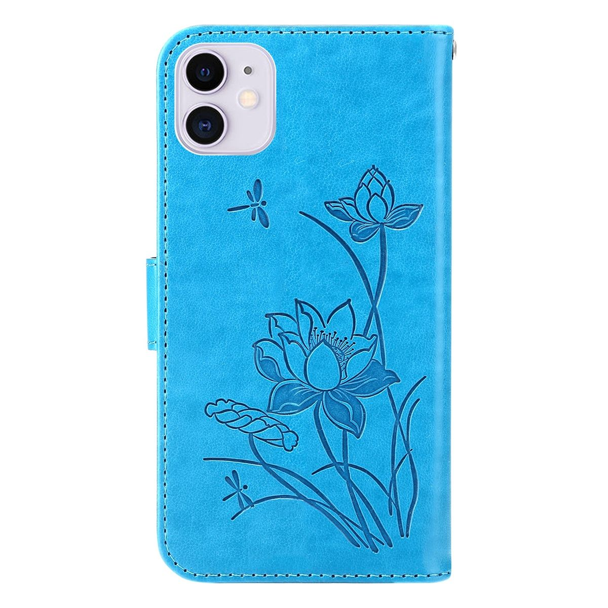 Blaue Handyhülle mit Lotusblumen-Design. Die Hülle ist geschlossen. Libelle, Blätter.