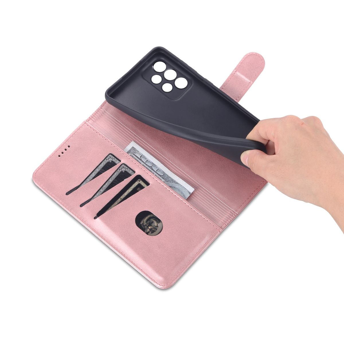 Geöffnete rosa Brieftaschen-Handyhülle. Enthält Karten, Bargeld und ein Telefon. Das Telefon ist eingesetzt.