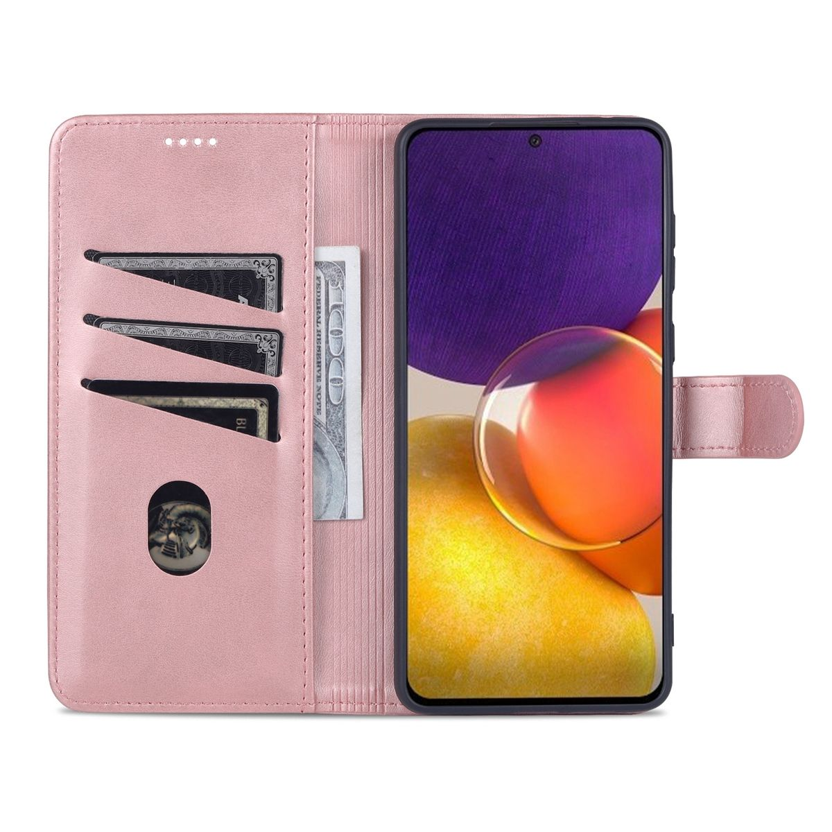 Rosa Handyhülle offen, mit Karten, Bargeld und Telefon. Weißer Hintergrund.