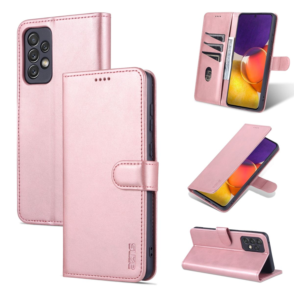 Rosa Handyhülle in mehreren Ansichten. Telefon in der Hülle. Mehrere Winkel der Hülle.
