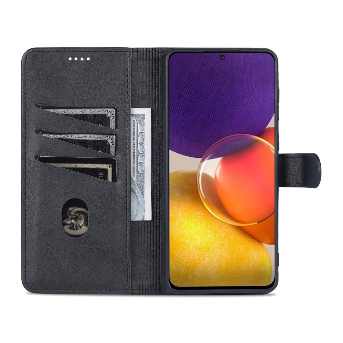 Schwarze Handyhülle mit Karten und Dollarnote, hält ein Telefon. Offen, mit schwarzem Innenraum.