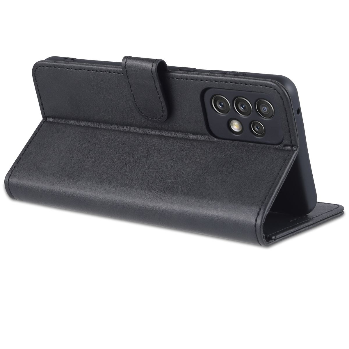 Schwarze Handyhülle mit Telefon, von der Seite gezeigt, offen stehend.