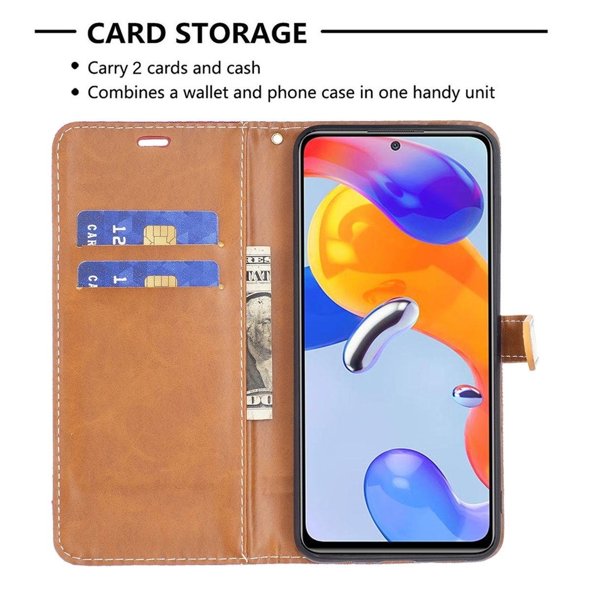 Eine offene braune Handyhülle mit Karten und Bargeld. Ein Telefon ist sichtbar. Text sagt: 2 Karten und Bargeld.