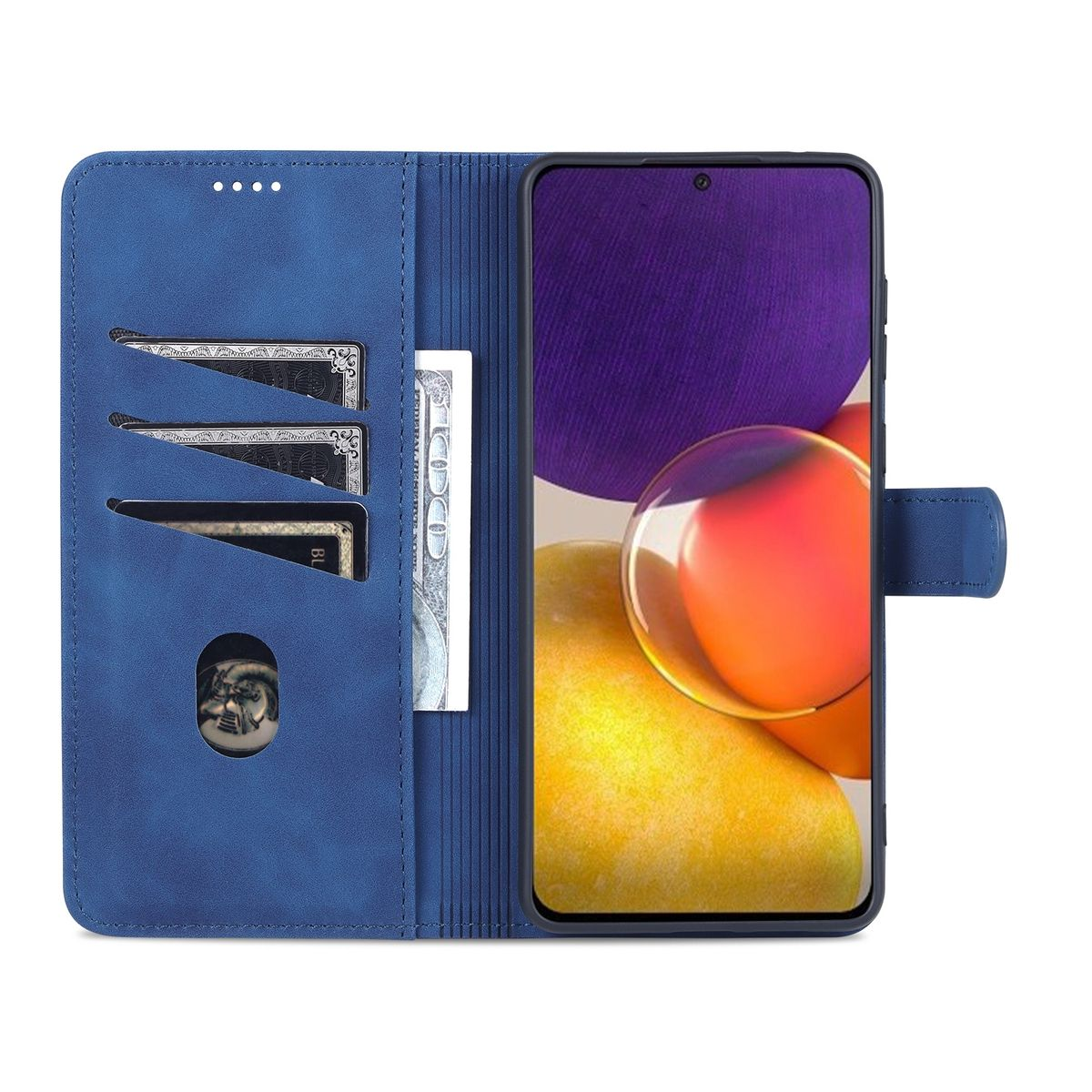 Blaue Handyhülle geöffnet, mit Telefon, Bargeld und Karten.