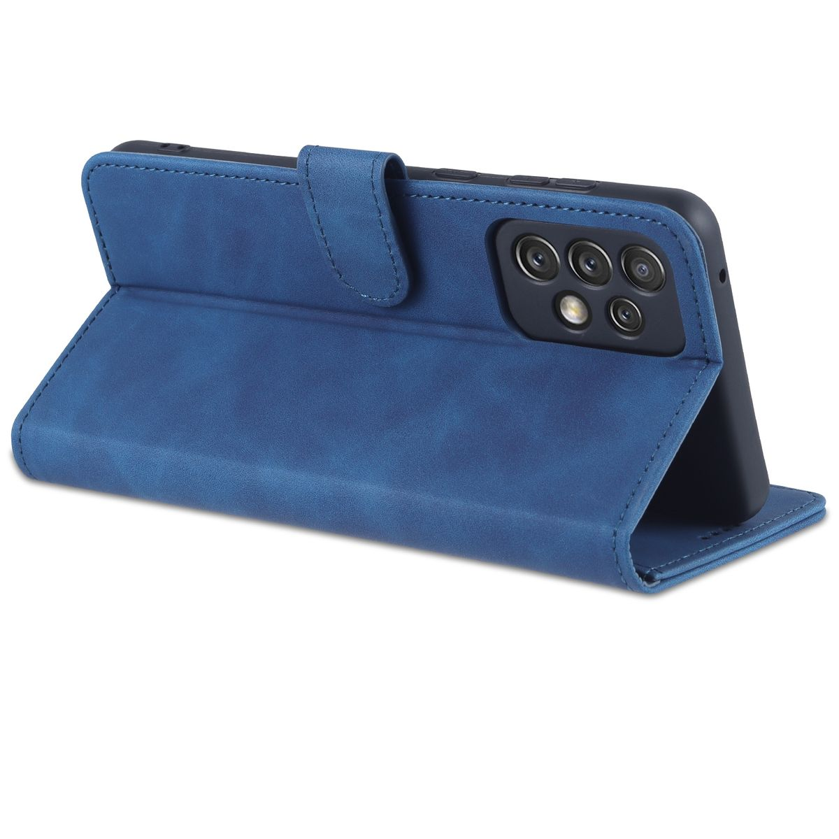 Blaue Handyhülle mit Telefon, offen. Die Hülle hat eine Standfunktion.