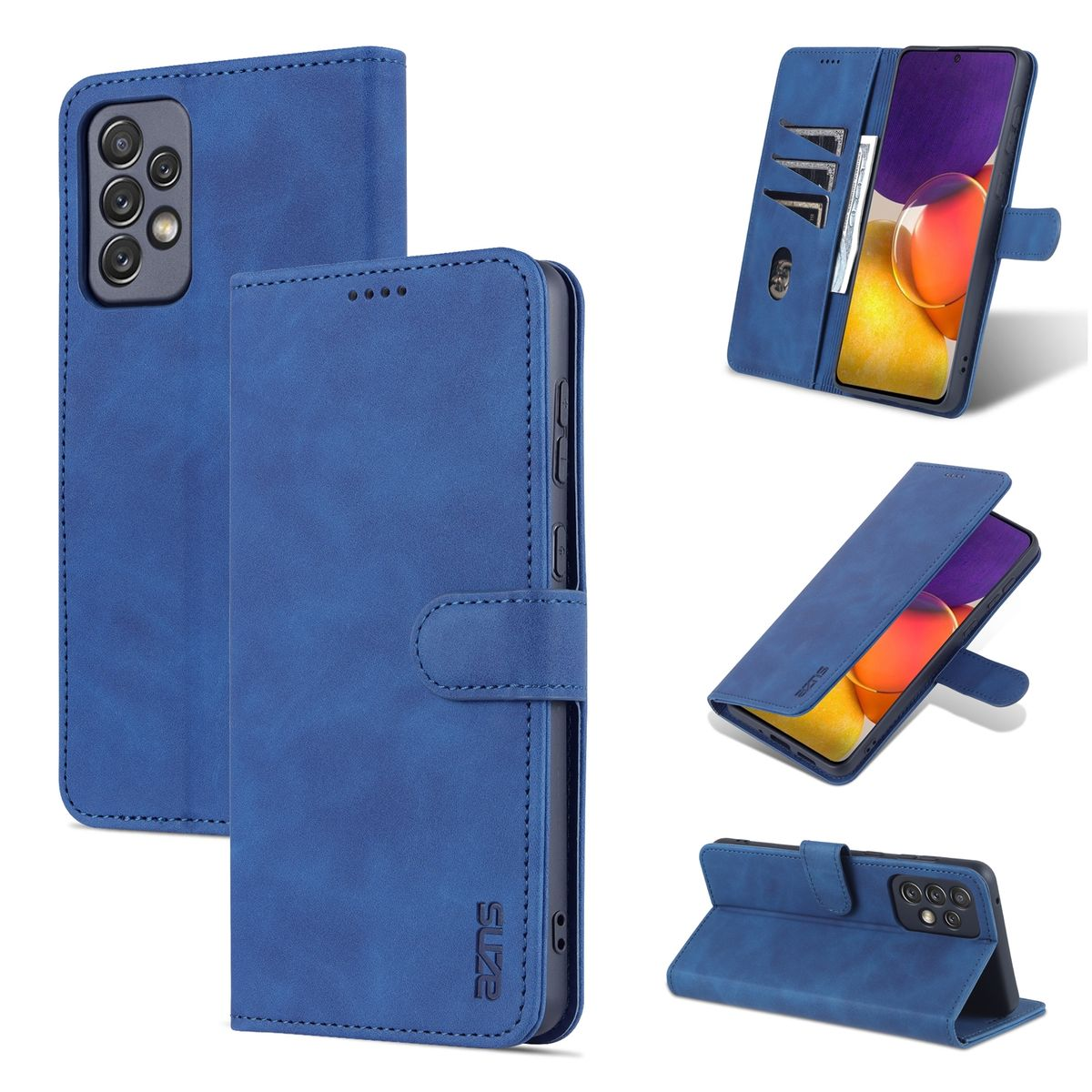 Blaue Handyhülle mit mehreren Ansichten, geöffnet, geschlossen und im Ständer.