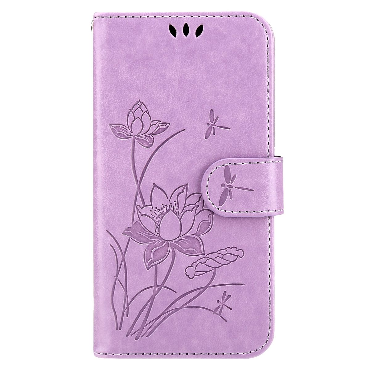 Eine hellviolette Handyhülle mit einem geprägten Lotusblumen-Design auf der Vorderseite.