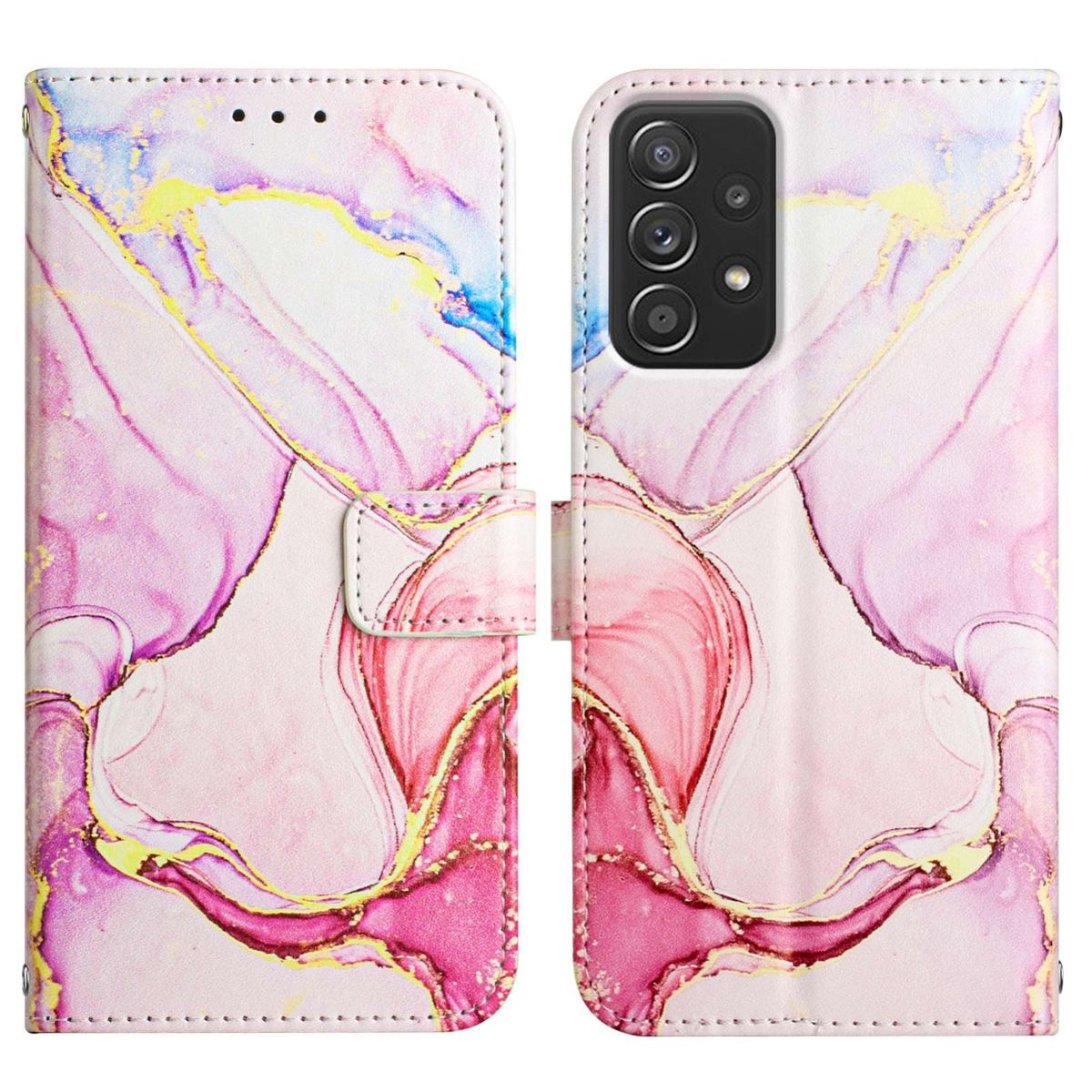 Handyhülle mit rosa und weißem Marmordesign. Die Hülle ist geöffnet und auf weißer Oberfläche.