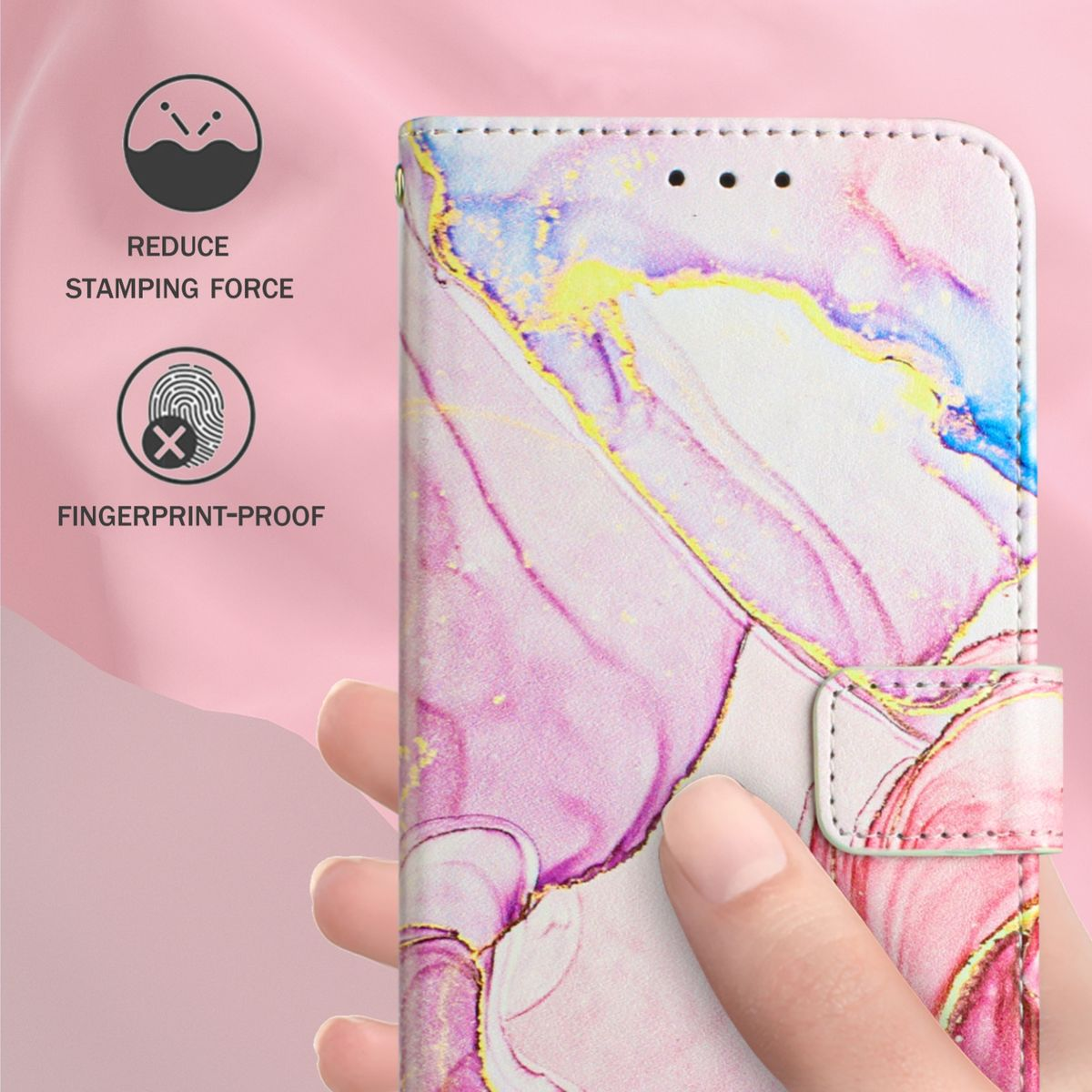 Eine Handyhülle mit Marmormuster, mit Text „Reduce Stamping Force“ und „Fingerprint-Proof“.