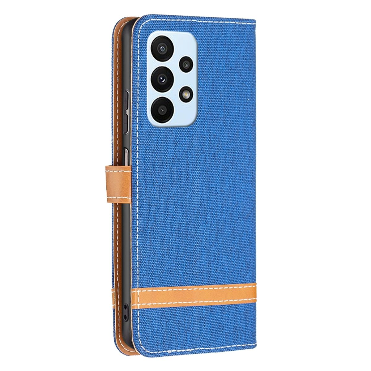 Blaue Handyhülle mit braunen Akzenten. Telefon innen, mit Magnetverschluss.