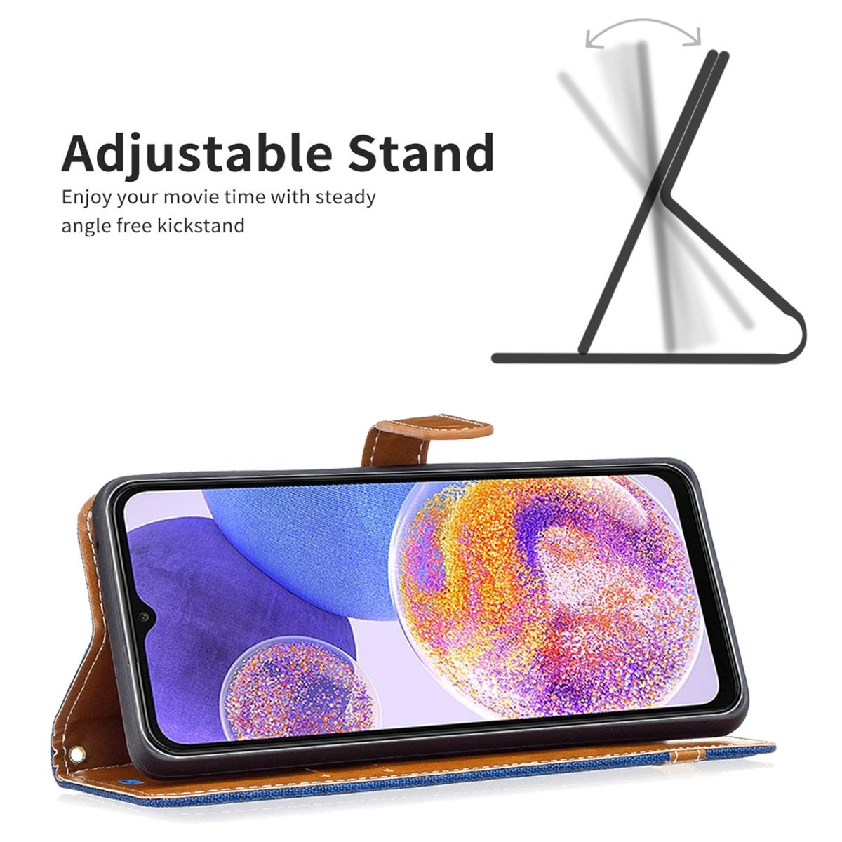 Handyhülle mit Telefon und verstellbarem Ständer. Der Hintergrund ist blau.