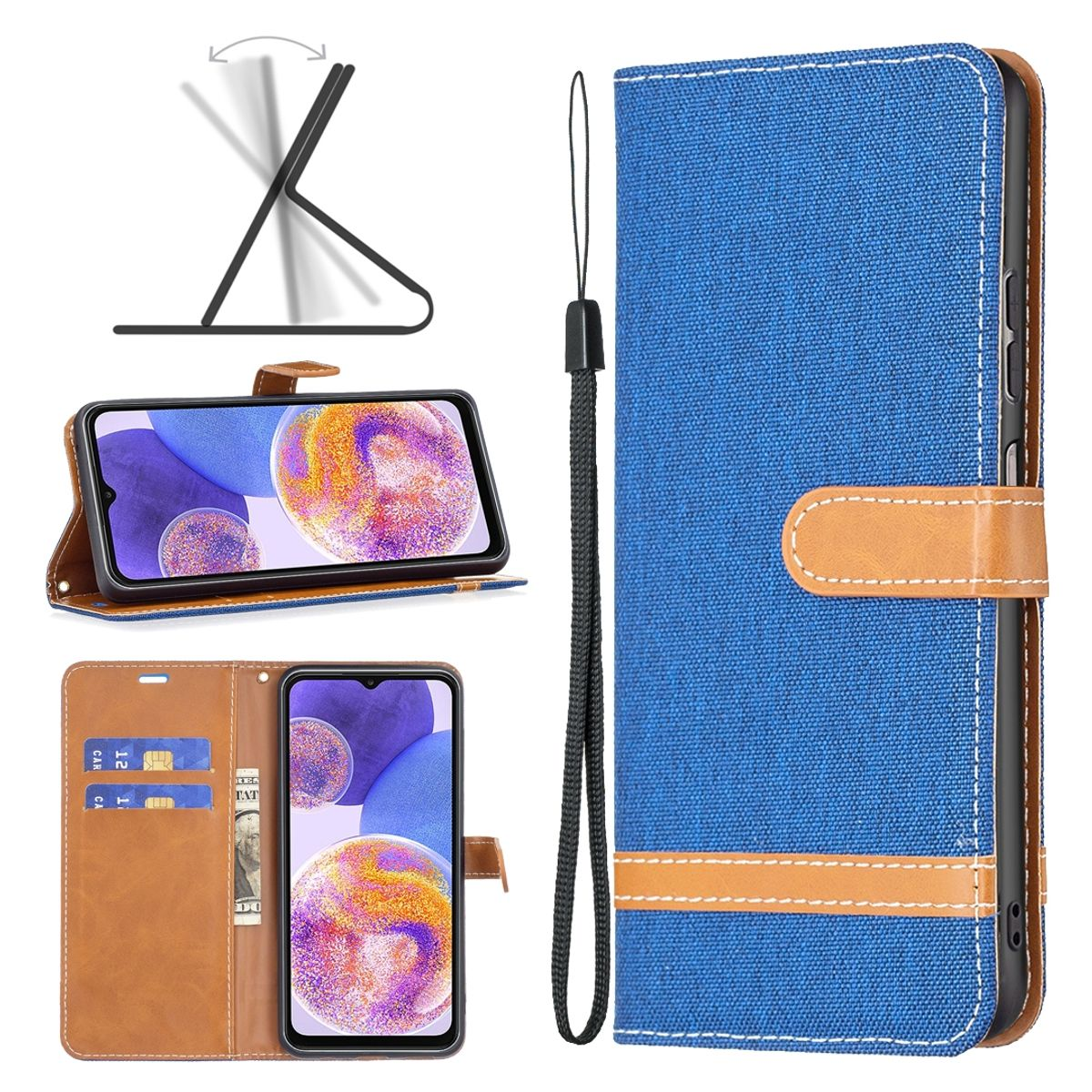 Blaue Handyhülle mit Telefon, offen und geschlossen. Gehäuse ist Canvas mit braunen Akzenten. Hintergrund ist weiß.
