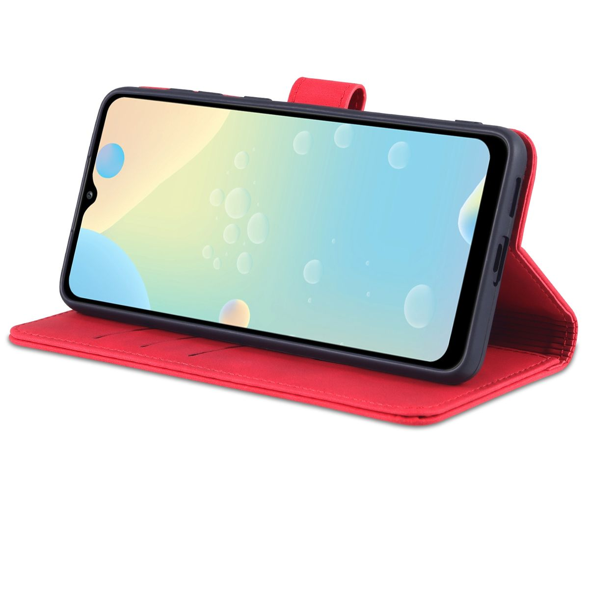 Rote Handyhülle mit Telefon. Das Telefon befindet sich auf rotem Hintergrund. Weißer Hintergrund.