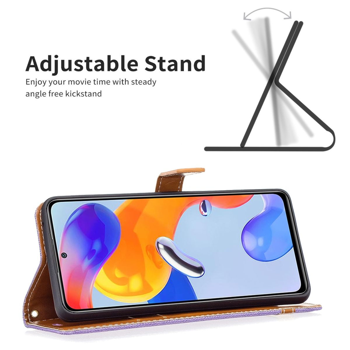 Braune Handyhülle mit Telefon, das ein orangefarbenes und blaues abstraktes Hintergrundbild zeigt. Verstellbarer Ständer.