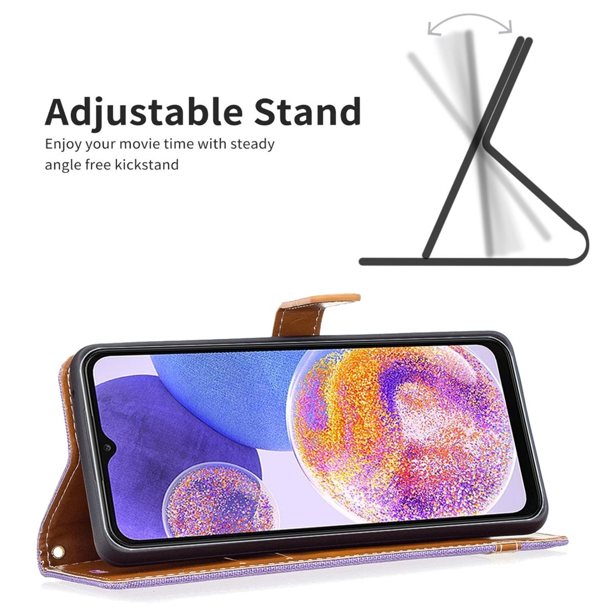 Eine Handyhülle, offen, mit einem Telefon darin. Die Hülle hat eine verstellbare Stützfunktion.