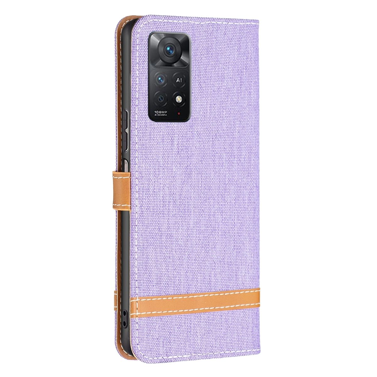 Lila Handyhülle mit Telefon. Brauner Riemen. Große Kamera.