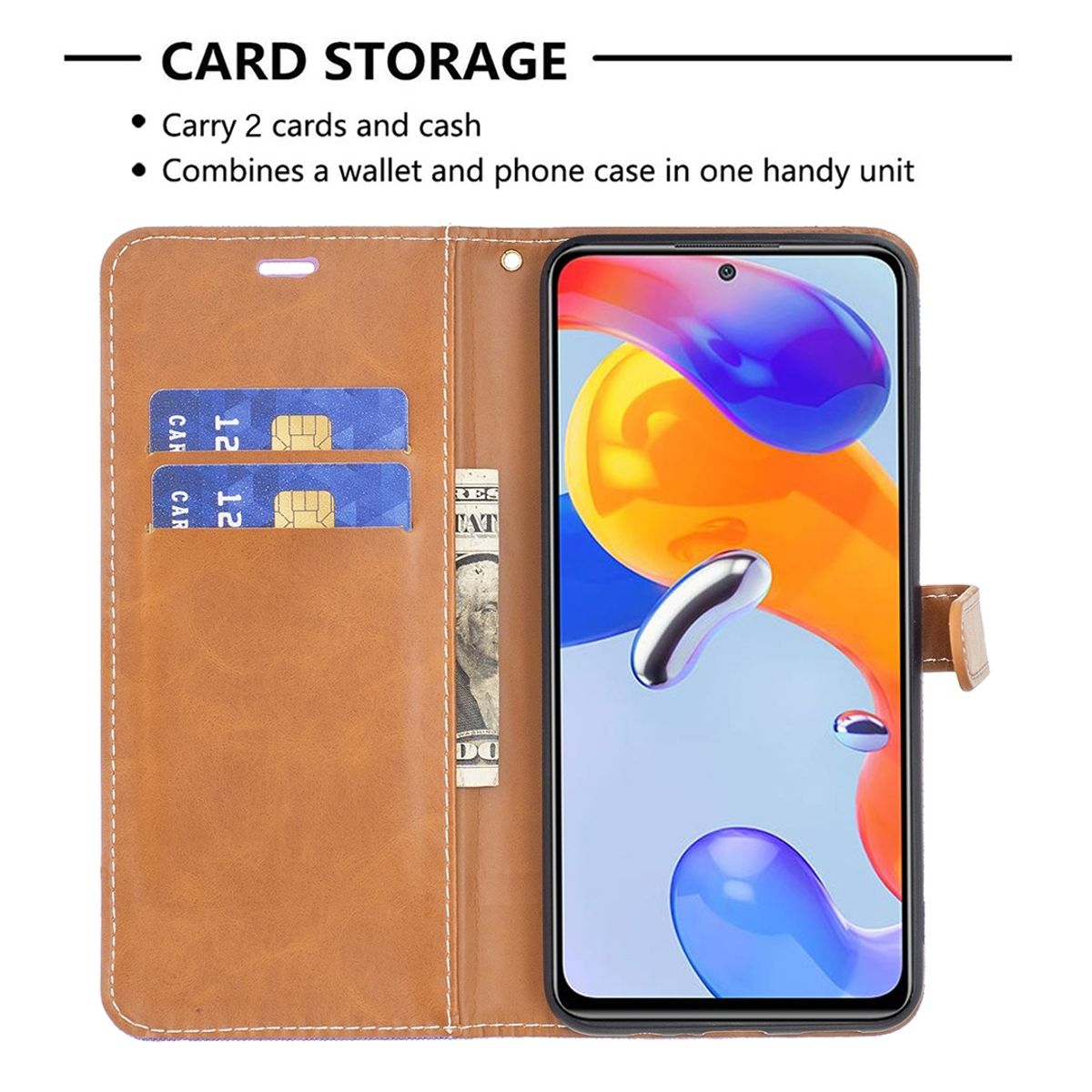 Geöffnete braune Handyhülle mit zwei Karten und Bargeld. Auf der rechten Seite ist ein Handy.