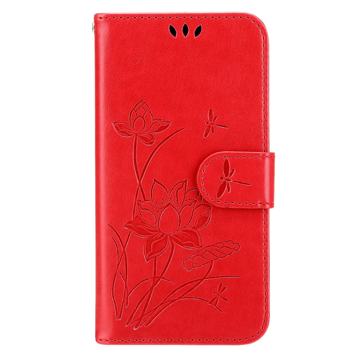 Rote Handyhülle mit Lotusblumen-Design. Sie hat einen Magnetverschluss und einen Knopf.