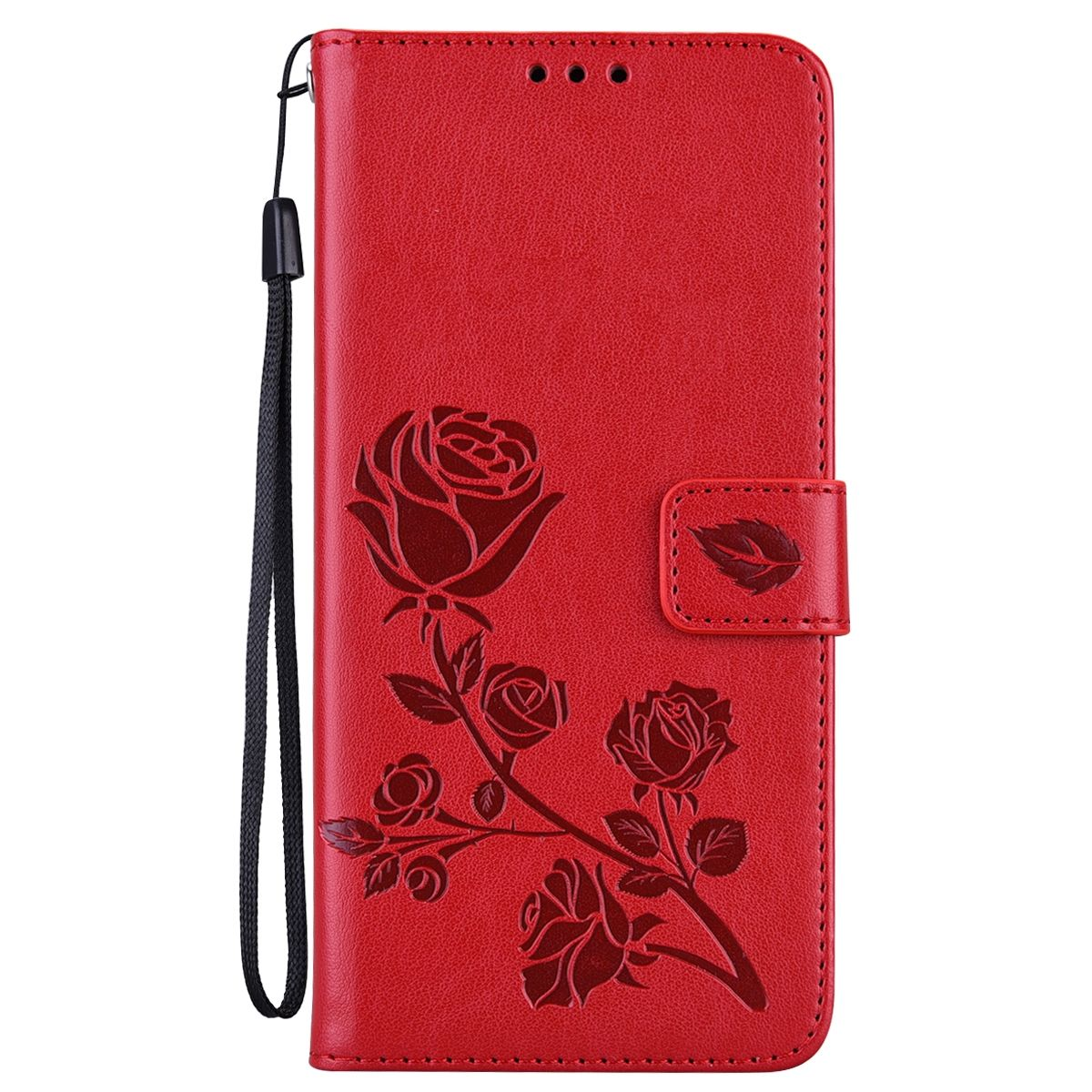 Rotes Handycase mit geprägtem Rosen-Design, zeigt das Telefon im Inneren.