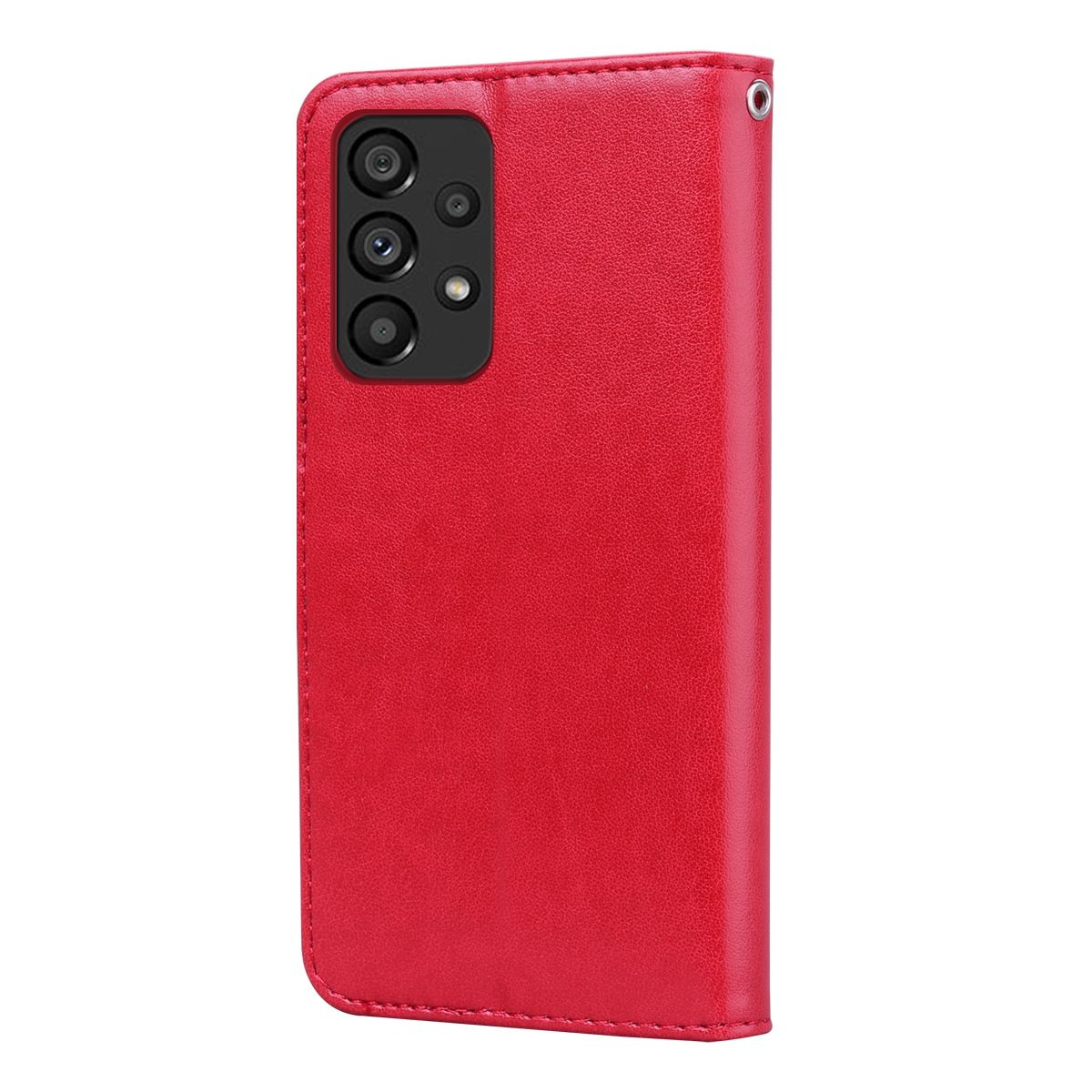 Rote Handyhülle mit Telefon und Kamera. Die Handyhülle ist geschlossen und steht aufrecht.