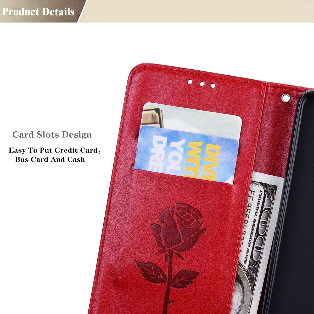 Rote Handyhülle mit Rosenmuster, offen mit Karten und Geld. Text: Card Slots Design.